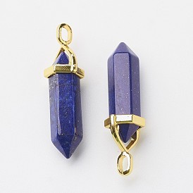 Natural Gemstone Double Terminated Pointed Pendants, with Random Alloy Pendant Hexagon Bead Cap Bails, Golden, Bullet