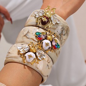 304 Pulseras de resina con diseño de abeja, circonitas cúbicas y acero inoxidable para mujer, dorado