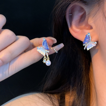 Alloy Stud Earring, with Sterling Silver Pin, Plastic Bead and Rhinestone