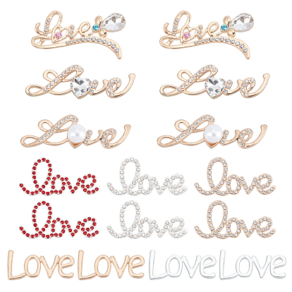 16Pcs 8 Style Alloy Rhinestone Cabochons, with Plastic Pearl Beads, Word Love