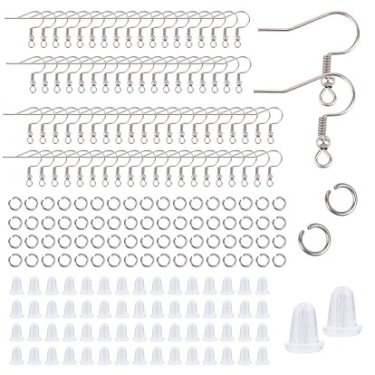 600pcs 3 Styles 304 Stainless Steel Earring Hooks & Open Jump Rings, with Silicone Ear Nuts