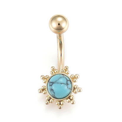 Piercing Jewelry, Brass Navel Ring, Belly Rings, with Synthetic Turquoise & Stainless Steel Bar