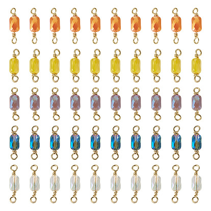 50шт. 5 цвета, гальваническое стекло, граненые прямоугольные соединители-шармы, с петлями из латунной проволоки, реальный 18 k позолоченный, стойки покрытие, долговечный