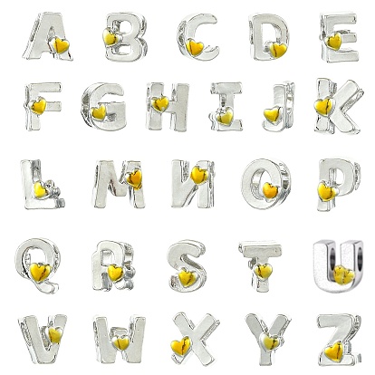 26Pcs 26 Styles Zinc Alloy Enamel European Beads, Large Hole Beads, Platinum, Letter with Heart