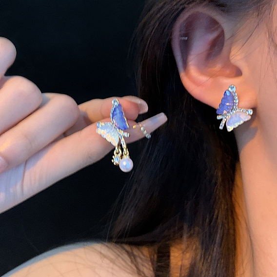 Alloy Stud Earring, with Sterling Silver Pin, Plastic Bead and Rhinestone