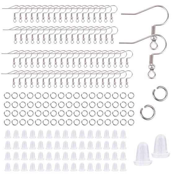 600pcs 3 Styles 304 Stainless Steel Earring Hooks & Open Jump Rings, with Silicone Ear Nuts