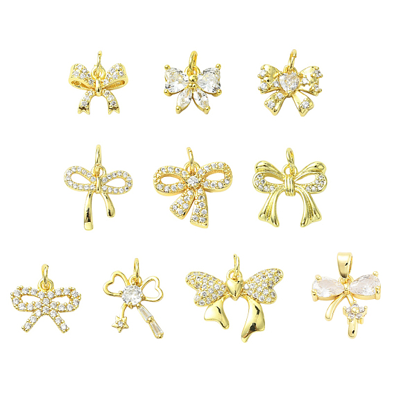 10 шт. 10 стили латунные микро-паве кубические циркониевые подвески, бантом, без свинца и без кадмия, долговечный, стойки покрытие