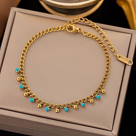 Golden Tone 304 Stainless Steel Enamel Twisted Chain Bracelets, Ball Tassel Bacelets for Women