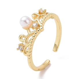 Clear Cubic Zirconia Crown Open Cuff Ring with Acrylic Pearl Beaded, Brass Jewelry for Women, Cadmium Free & Lead Free