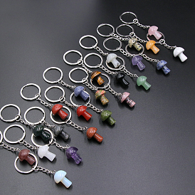 Natural & Synthetic Mixed Gemstone Mushroom Keychain, with Iron Findings