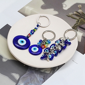 Flat Round/Heart with Evil Eye Lampwork Pendant Keychains, for Bag Car Key Decoration