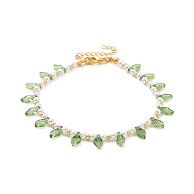 Acrylic Leaf Charm Anklets with Imitation Pearl Beaded for Women