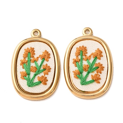 304 Stainless Steel & Cloth Embroidered Pendants, Oval with Flower Charms, Ion Plating(IP), Long-Lasting Plated, Real 18K Gold Plated