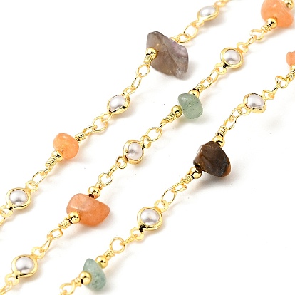 Natural Mixed Gemstone Chips & Glass Pearl Beaded Chains, with Brass Findings, Lead Free & Cadmium Free, Soldered, with Spool