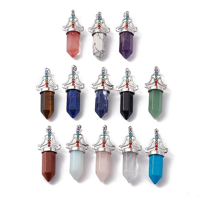 Gemstone Big Pendants, 7 Chakra Faceted Bullet Charms, with Platinum Plated Brass Findings and Colorful Rhinestone, Cadmium Free & Lead Free