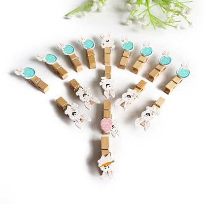 Easter Rabbit Wooden Spring Clips, with Hemp Rope, for Ticket, Note, Photo, Snack Bags, Office School Supplies