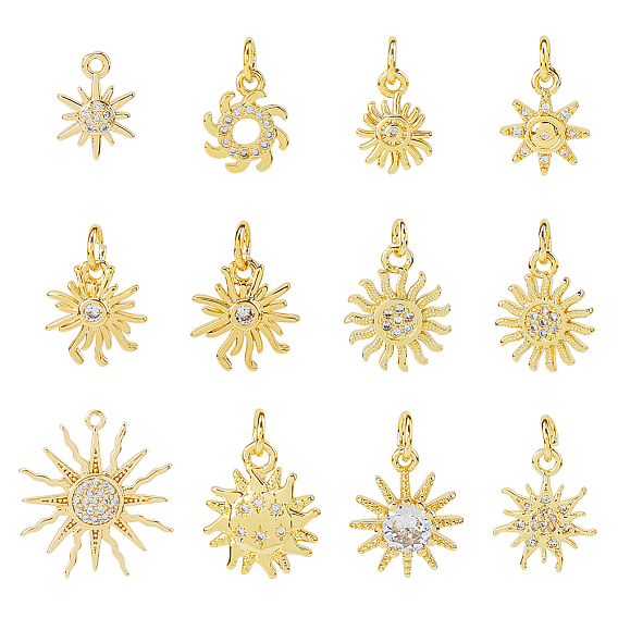 12шт. 12 стили латунные подвески с прозрачным кубическим цирконием, долговечный, с целью перехода в кольце, солнце