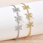 Pulseras de eslabones triples con forma de flor, engastadas con micro circonitas cúbicas transparentes y latón., larga duración plateado, chapado en rack, sin plomo y el cadmio