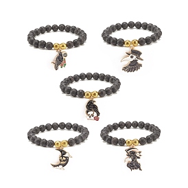 Natural Lava Rock Round Beaded Stretch Bracelet with Halloween Alloy Enamel Charm, Essential Oil Gemstone Jewelry for Women