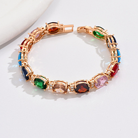 Luxurious Classic Brass Colorful Cubic Zirconia Oval Link Bracelets for Banquets and Weddings