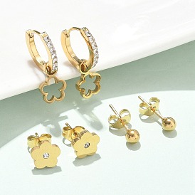 304 Stainless Steel Rhinestone Flower & Round Earring Sets, Ion Plating(IP)