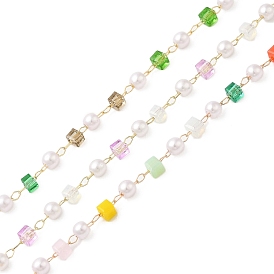 Cube à facettes en verre et plastique ABS, chaînes de perles d'imitation de perles, avec des apprêts en or clair 304 en acier inoxydable, soudé