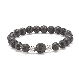 Bracelet extensible perlé rond en pierre de lave naturelle avec fleur en alliage, bijoux de pierres précieuses d'huile essentielle pour les femmes
