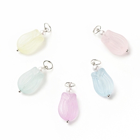 Flower Transparent Acrylic Pendants, Frosted, with ABS Plastic Imitation Pearl and Iron Findings