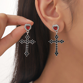 Alloy Gothic Cross with Heart Earrings, Goth Style Dark Stud Earrings