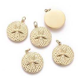 Ion Plating(IP) 304 Stainless Steel Pendants, with Jump Rings, Textured, Flat Round with Star