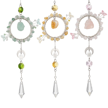 Подвеска-ловец солнца из натурального зеленого авантюрина, розового кварца, топаза, цитрина и стекла, Декоративная подвесная хрустальная призма в виде бабочки с изображением луны и солнца для окна и сада.