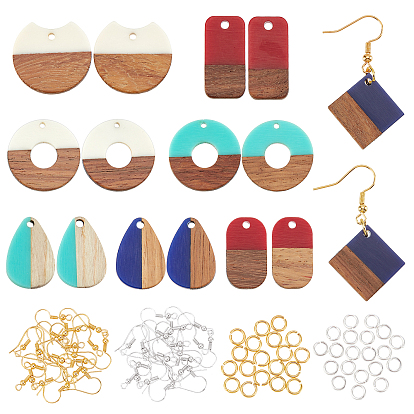 DIY Dangle Earring Making Kits, 16Pcs Donut/Pi Disc & Teardrop & Geometry Resin & Walnut Wood Pendants, Brass Earring Hooks & Jump Rings