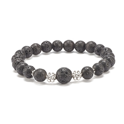 Bracelet extensible perlé rond en pierre de lave naturelle avec fleur en alliage, bijoux de pierres précieuses d'huile essentielle pour les femmes