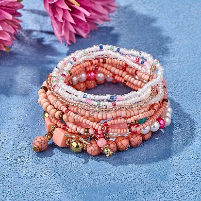 11Pcs Boho Seed Bead Stretch Bracelets Set, Multilayered Stackable Bracelets, Colorful Beaded Starfish Charm Bracelets for Women