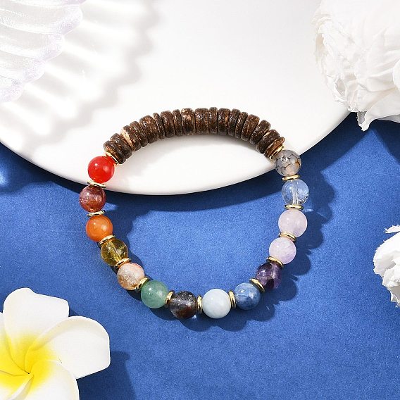 Браслеты из натуральных смешанных круглых бусин из драгоценных камней для мужчин и женщин, с кокосовой бусиной-рондель