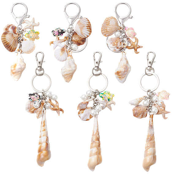 6Pcs 6 Styles Opaque Acrylic Imitation Shell & Synthetic Turquoise Keychains, with Iron Split Key Rings, Shell Shape, Platinum