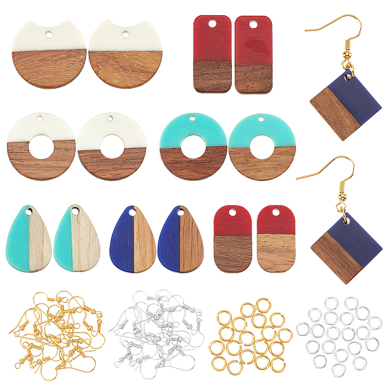 DIY Dangle Earring Making Kits, 16Pcs Donut/Pi Disc & Teardrop & Geometry Resin & Walnut Wood Pendants, Brass Earring Hooks & Jump Rings