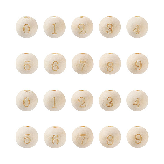 100Pcs 10 Styles Unfinished Natural Wood European Beads, Large Hole Beads, Laser Engraved Pattern, Round with Number
