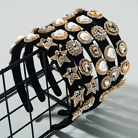 Vintage Black Velvet Headband with Multi-layered Rhinestones and Pearl Embellishments