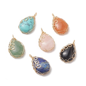 6Pcs Mixed Gemstone Copper Wire Wrapped Pendants, Teardrop Charms, Golden, Mixed Dyed and Undyed