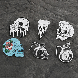 Skull-themed Tea Pot with Pizza Rose Brooch and Badge Set - Creative Alloy Accessories