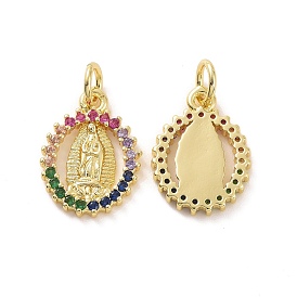 Brass Micro Pave Colorful Cubic Zirconia Pendants, with Jump Ring, Oval with Virgin Mary Charms