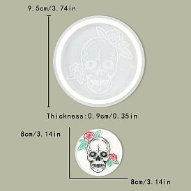 Halloween Theme DIY Flat Round with Skull Head Silicone Cup Mats Molds, Resin Casting Molds, For UV Resin, Epoxy Resin Craft Making