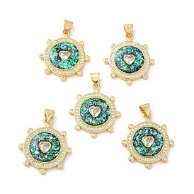 Rack Plating Brass Micro Pave Cubic Zirconia with Synthetic Opal Pendants, with Jump Ring, Lead Free & Cadmium Free, Long-Lasting Plated, Flat Round with Heart