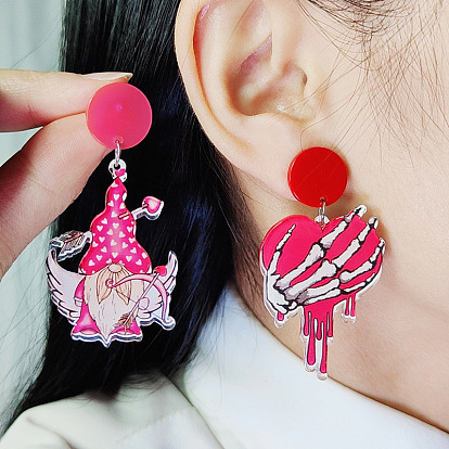 Valentine's Day Acrylic Dangle Stud Earrings, Hot Pink