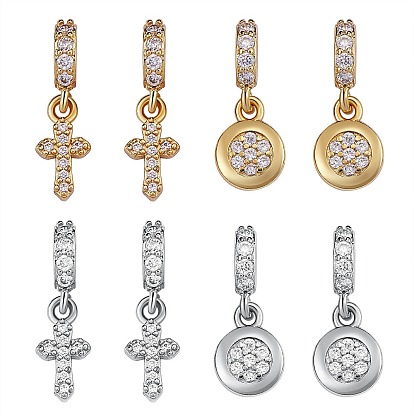 8Pcs 4 Styles Brass Micro Pave Clear Cubic Zirconia European Dangle Charms, Large Hole Pendants, Long-Lasting Plated, Cross & Flat Round