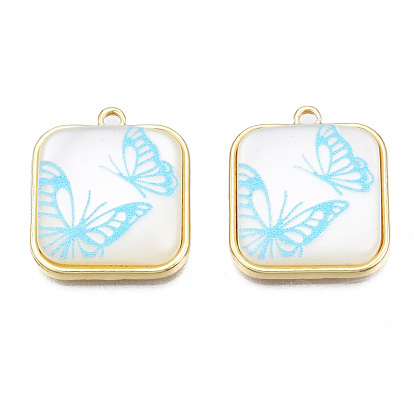 Resin Pendants, with Light Gold Plated Alloy, Cadmium Free & Nickel Free & Lead Free, Square with Butterfly