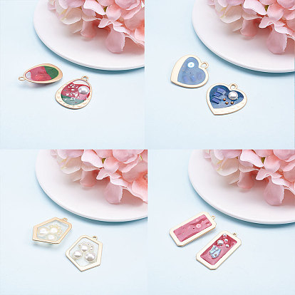 SUNNYCLUE Epoxy Resin Pendants, with ABS Plastic Imitation Pearl, Alloy Findings and Enamel, Heart & Teardrop & Rectangle & Polygon, Matte Gold Color