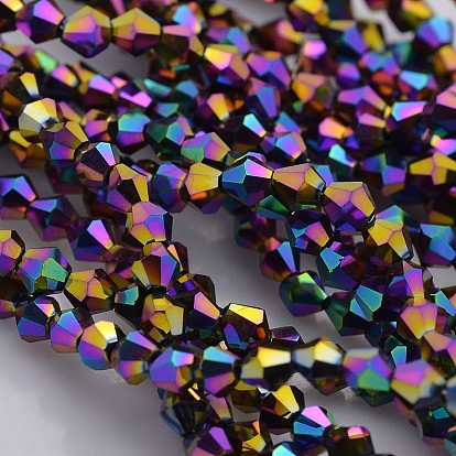 Faceted Bicone Electroplate Glass Beads Strands, Full Rainbow Plated, 4x4mm, Hole: 1mm, about 115~118pcs/strand, 18.5 inch