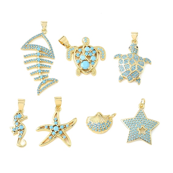 Brass Micro Pave Sky Blue Cubic Zirconia Pendants, Ocean Theme Charms, Rack Plating, Long-Lasting Plated, Cadmium Free & Lead Free